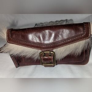 Coach Vintage Chestnut Brown Shearling Galaxy Leather Clutch With Buckle